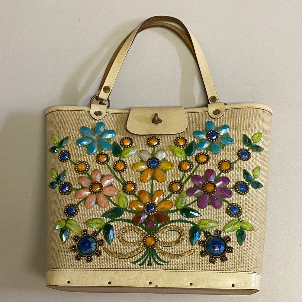 Enid Collins Floral Embellished Cream Bag- Vintage
